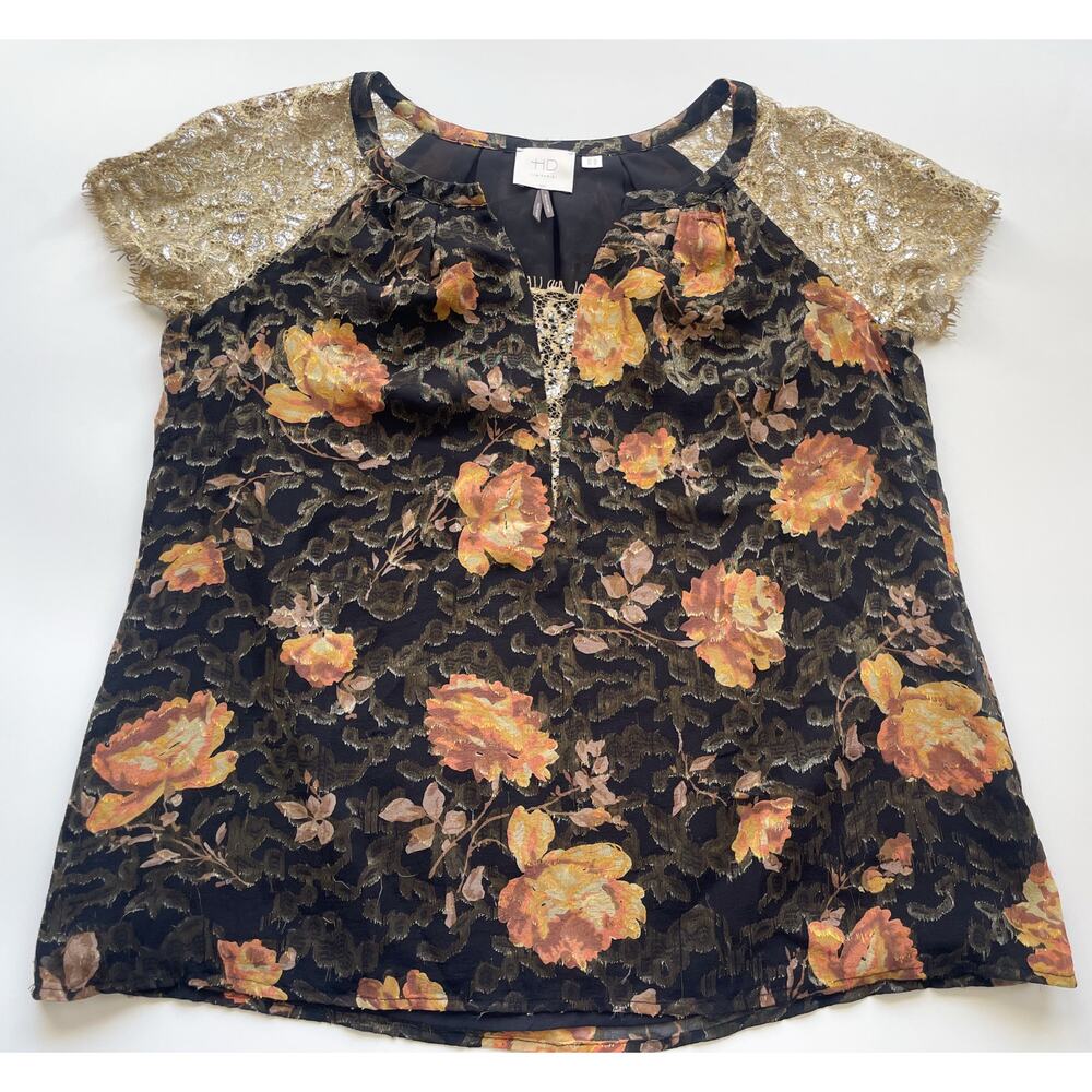 HD in Paris Anthro Disa Floral Short Sleeve Silk and Lace Whimsigoth Top Size 2 - Picture 3 of 8
